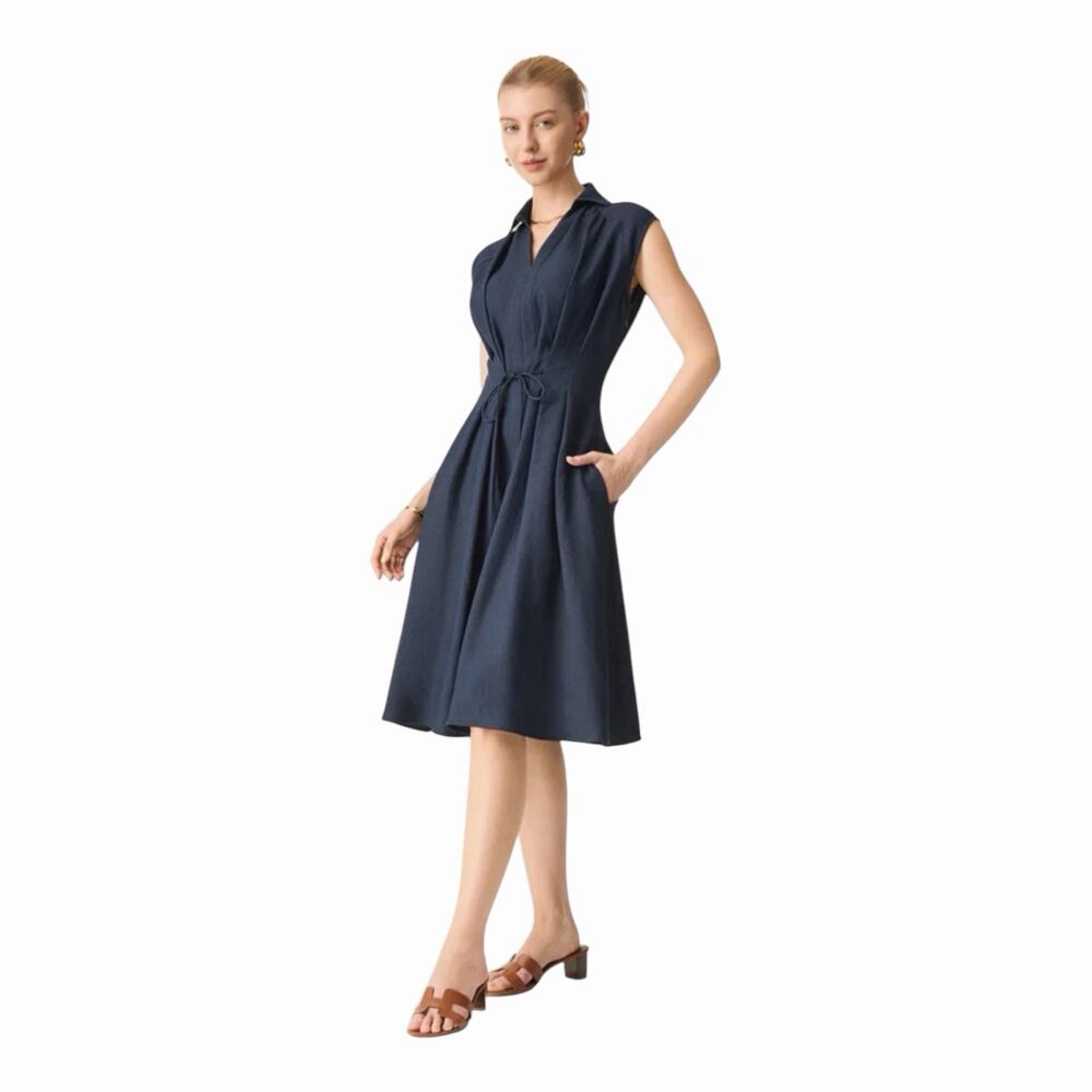 OGL Denim Look Midi Dress Collared Tie Waist Linen Blend NWT Extra Small - Picture 13 of 14